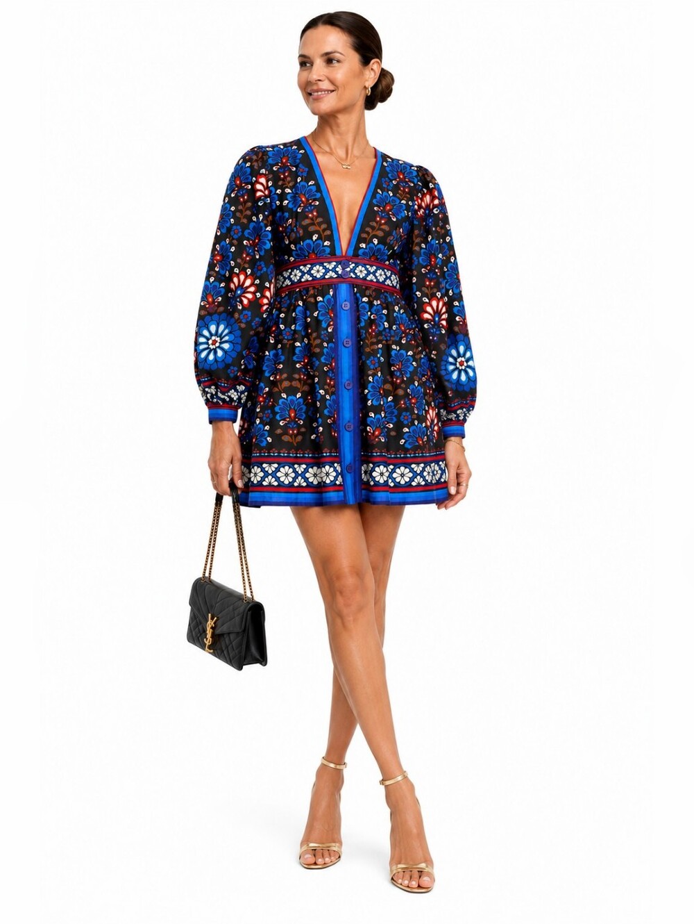 NWT  Farm Rio Latina Scarf Puff Sleeve Mini Dress Black Floral Boho S